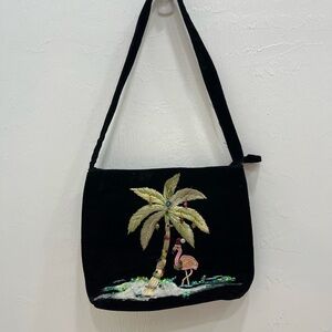 Capelli Velvet Black Embroidered Palm Tree and Flamingo Women's Bag‎